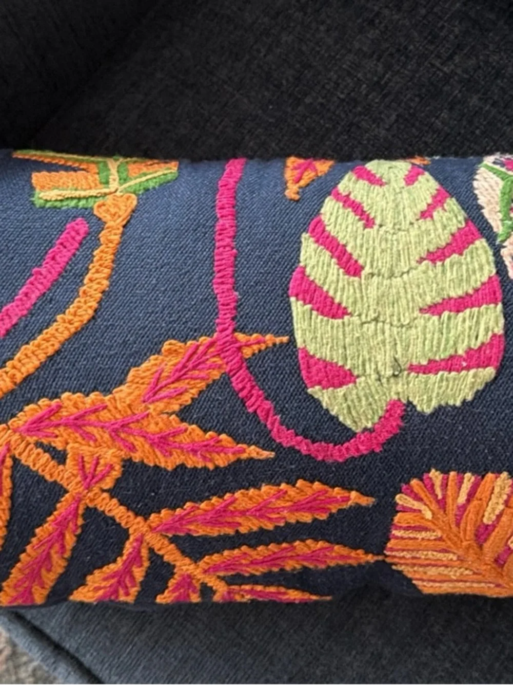 World Market Navy Floral Lumbar Pillow with Bright Tropical Embroidery